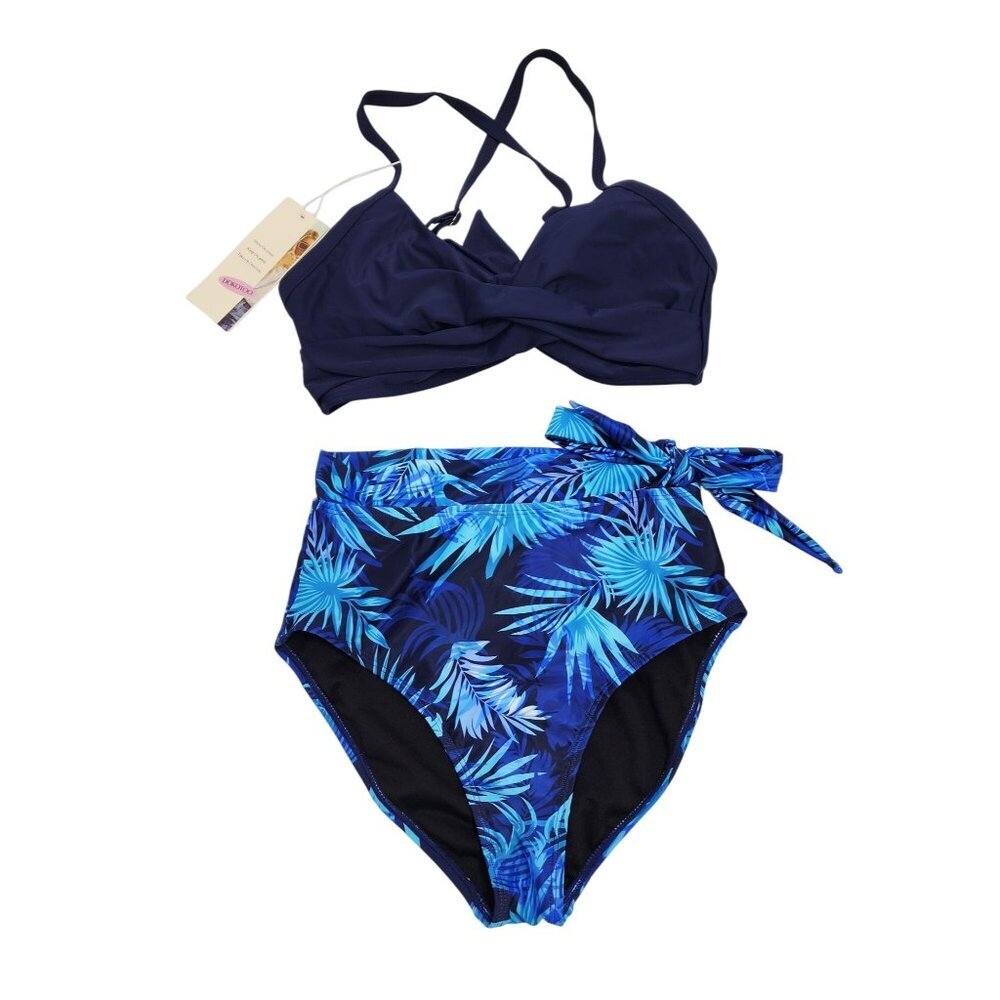 Womens Navy  Tropical High Waisted Bikini Set Adjustable Straps Size S  Dokotoo